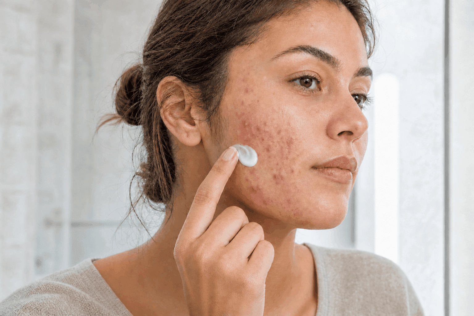 Applying acne treatment to acne-prone skin
