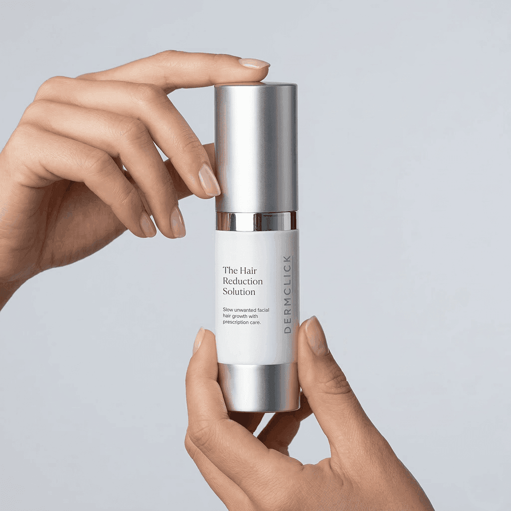 The Hair Reduction Solution bottle held in hands