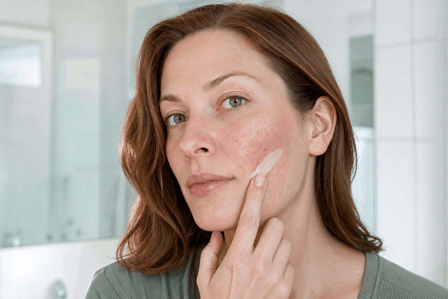 Applying redness and acne treatment to sensitive skin